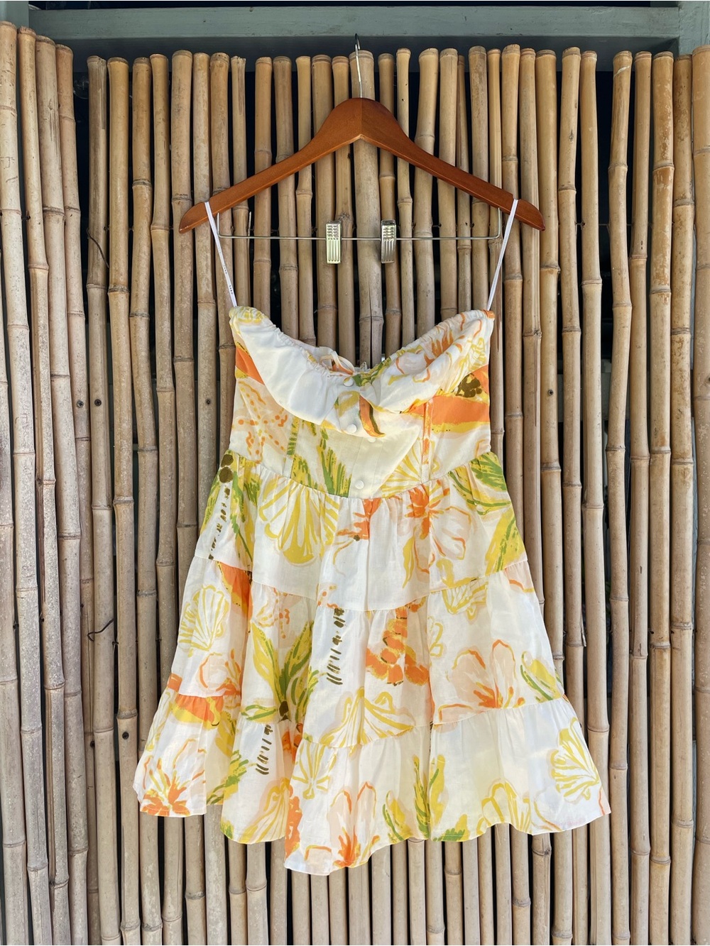 Sabo Skirt Strapless Floral Mini Dress in White, Yellow & Orange